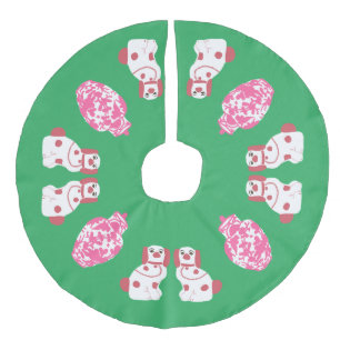 Saia Para Árvore De Natal De Linho Falso Cachorro Staffordshire Rosa e Verde e Jarrão de Gi