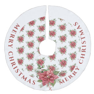 Saia Para Árvore De Natal De Linho Falso Natal Vermelho e Branco  Padrão de Poinsettia