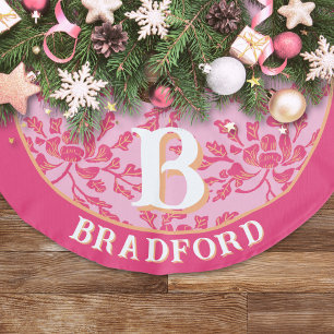 Saia Para Árvore De Natal De Linho Falso Peônia Sinuosa Xilogravura Rosa + Laranja Personal