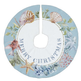 Saia Para Árvore De Natal De Linho Falso Tema da praia costeira tropical Azul Feliz Natal