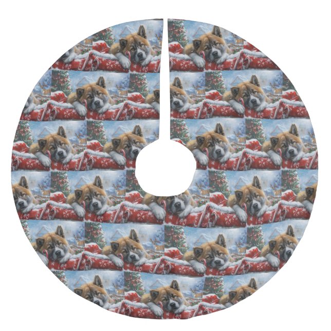 Saia Para Árvore De Natal De Poliéster Akita Dog Christmas Festivo (Frente)