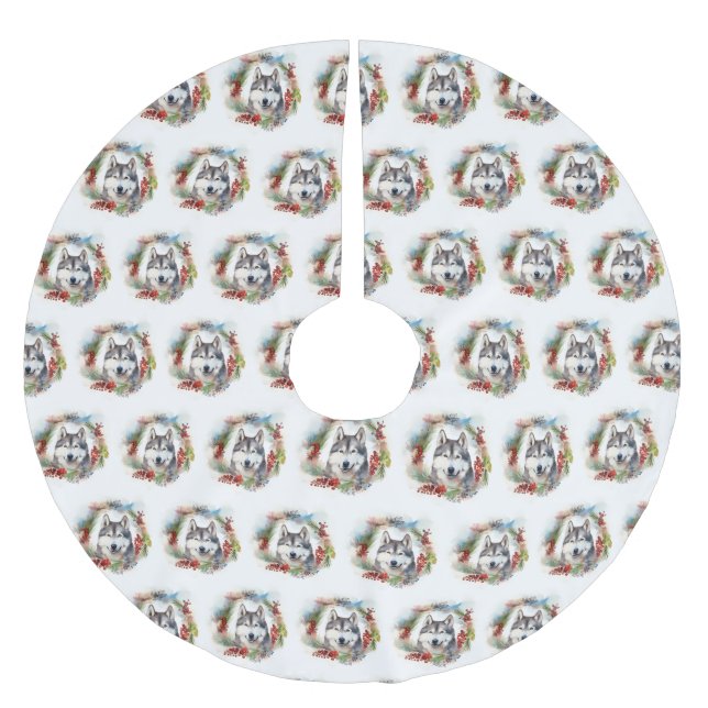 Saia Para Árvore De Natal De Poliéster Alaskan Malamute, Festivo Wreath Christmas Pup (Frente)