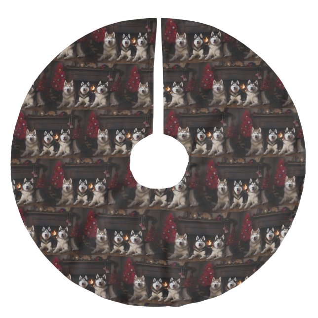 Saia Para Árvore De Natal De Poliéster Alaskan Malamute na Lareira de Natal (Frente)