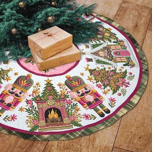 Saia Para Árvore De Natal De Poliéster Alegre quebra-nozes rosa verde impresso no natal