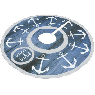 Saia Para Árvore De Natal De Poliéster Âncoras brancas modernas e madeira azul náutica 
