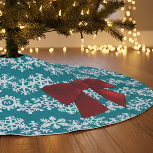 Saia Para Árvore De Natal De Poliéster Arco de Snowflake Monograma de Teal Vermelho Grand