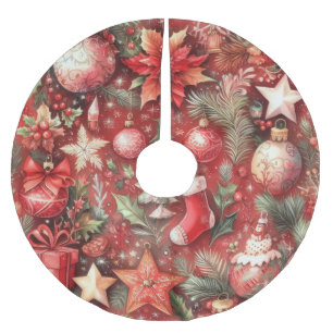 Saia Para Árvore De Natal De Poliéster Aves de Férias do Natal Vermelho com Aquarelas