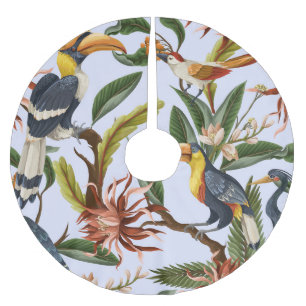 Saia Para Árvore De Natal De Poliéster Aves e Flores: Padrão Vintage Tropical.
