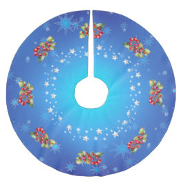 Saia Para Árvore De Natal De Poliéster Azuis Frutas Vermelhas & Estrelas Natal