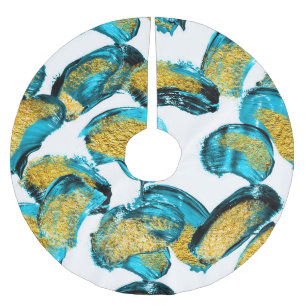 Saia Para Árvore De Natal De Poliéster Azul aquarela, turquesa, arte dourada.