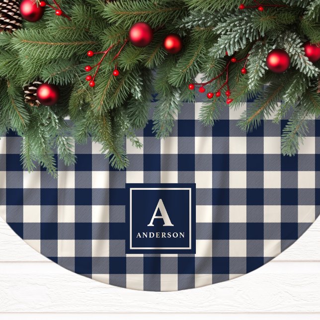 Saia Para Árvore De Natal De Poliéster Azul Marinho e Xadrez de Gingham Branco Monograma (Criador carregado)