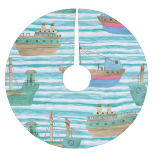 Saia Para Árvore De Natal De Poliéster Boats Stripes: Padrão De Pintura Por Aquarela.