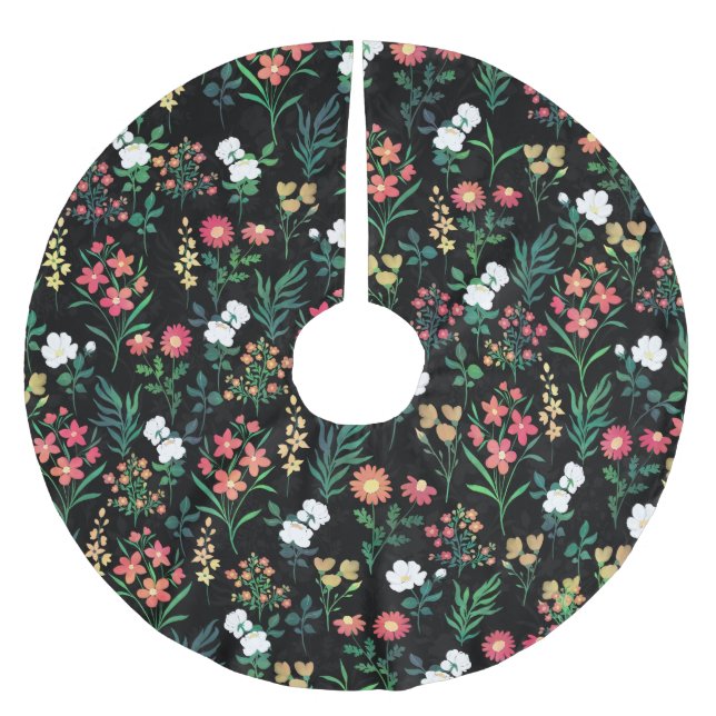 Saia Para Árvore De Natal De Poliéster Bonito Aquarela Preta Floral Botânica (Frente)