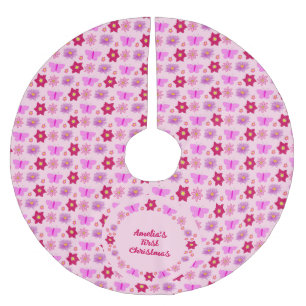 Saia Para Árvore De Natal De Poliéster Borboletas e flores de bebê cor-de-rosa personaliz