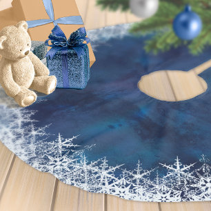 Saia Para Árvore De Natal De Poliéster Borda Snowflakes no Marinho Watercolor Blue ID727