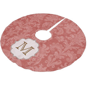 Saia Para Árvore De Natal De Poliéster Brick Red Damask Lace Monograma Árvore inicial