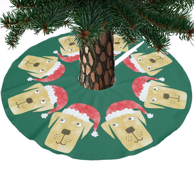 Saia Para Árvore De Natal De Poliéster Cachorro-Ouro Labrador-Retriever em Santa Hat (Fun Golden or Yellow Labrador Retriever dog in a Santa Hat red green festive Christmas tree skirt)