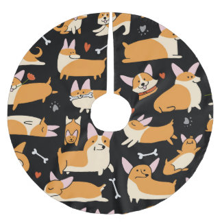 Saia Para Árvore De Natal De Poliéster Cachorros Corgi, Lindo Fundo.