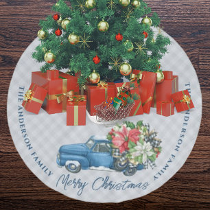 Saia Para Árvore De Natal De Poliéster Caminhão de Natal Azul Vintage Xadrez Fazenda Cinz