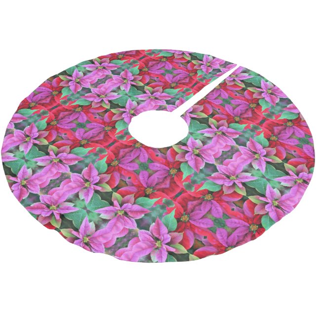 Saia Para Árvore De Natal De Poliéster Camisa De Natal - Poinsettias Rosa/Vermelha. (Inclinado)