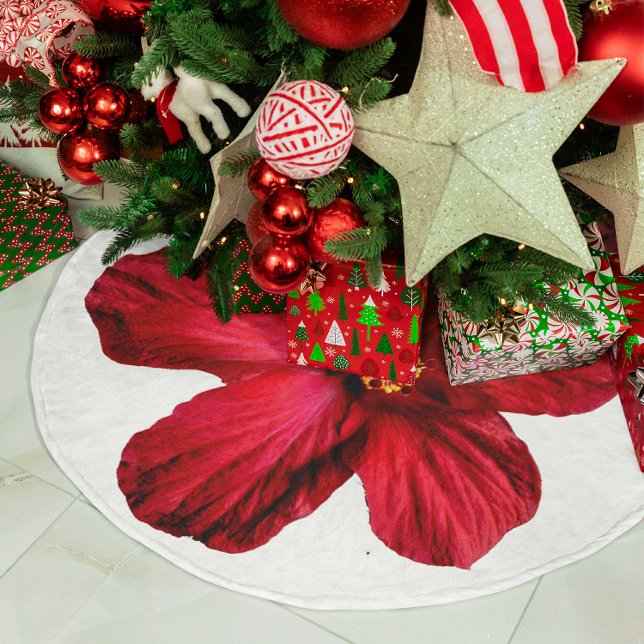 Saia Para Árvore De Natal De Poliéster Camisa Flor Red Hibiscus (Red Hibiscus Flower Tree Skirt)