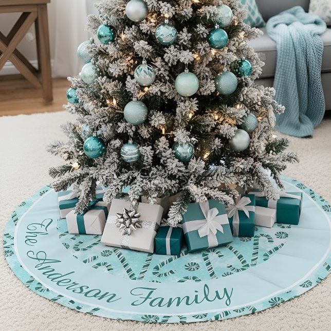 Saia Para Árvore De Natal De Poliéster Candy Cane Peppermint Natal (Soft blue personalised Christmas design creating a calm, modern tree base for festive homes)