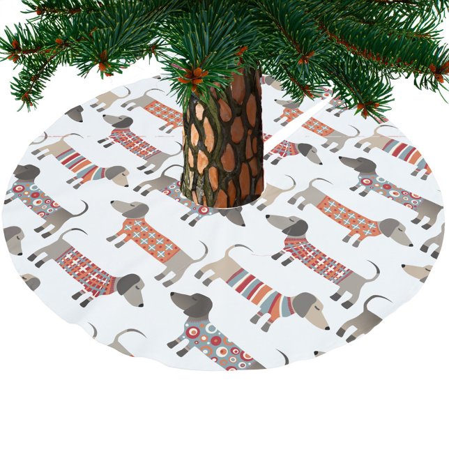 Saia Para Árvore De Natal De Poliéster Cão de Enchimento (Dachshund Wiener Sausage Dog fun festive Christmas tree skirt)