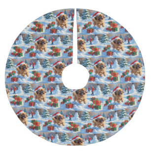 Saia Para Árvore De Natal De Poliéster Cão Pequinês Correndo na Neve com Chapéu de Natal