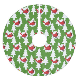 Saia Para Árvore De Natal De Poliéster Cartoon Red Cardinal sobre Pinheiros Brancos Verde