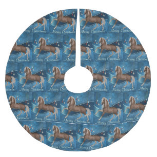 Saia Para Árvore De Natal De Poliéster Cavalo com Faixa Azul Feliz Natal