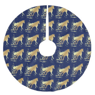 Saia Para Árvore De Natal De Poliéster Cavalo Dourado Com Destaques Na Camisa Azul De Fér