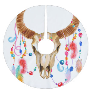 Saia Para Árvore De Natal De Poliéster Caveira Isolada De Aquarela: Fundo Branco.