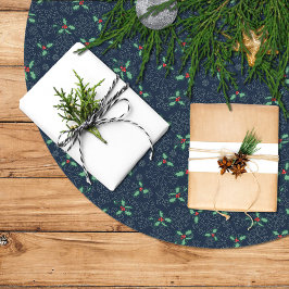 Saia Para Árvore De Natal De Poliéster Christmas tree skirt, holly and snowflakes on blue