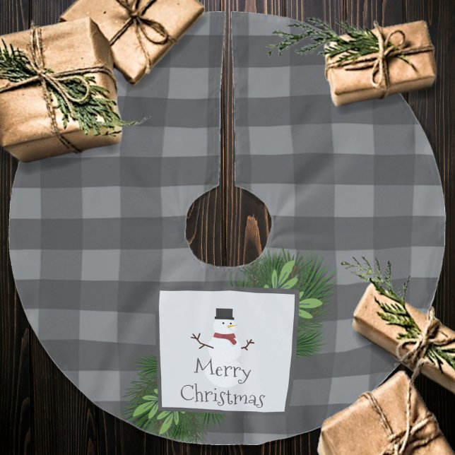 Saia Para Árvore De Natal De Poliéster Cinza Buffalo Xadrez Snowman | Cinza (Gray Snowman Buffalo Plaid Christmas Tree Skirt)