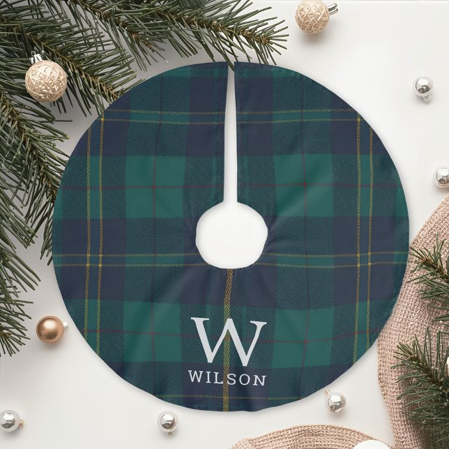 Saia Para Árvore De Natal De Poliéster Classic Green Tartan Plaid Monogram Christmas (Criador carregado)