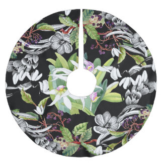 Saia Para Árvore De Natal De Poliéster Colírio e Orquídeas: Padrão Preto Desenhado