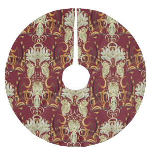 Saia Para Árvore De Natal De Poliéster Corpo floral vermelho-ouro, luxuoso da safra.