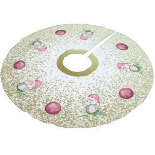 Saia Para Árvore De Natal De Poliéster Coruja Bonita E Bolas De Natal Com Dourada Glitter