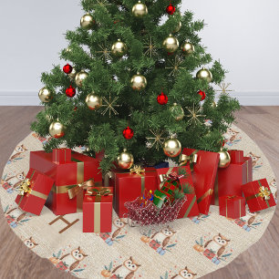 Saia Para Árvore De Natal De Poliéster Coruja bonitinha da família Beige Burlap