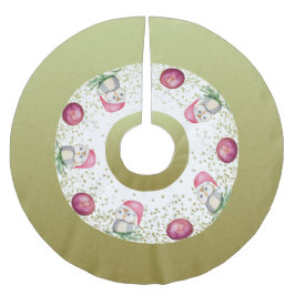 Saia Para Árvore De Natal De Poliéster Coruja Rosa E Bolas De Natal Douradas