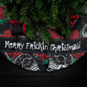 Saia Para Árvore De Natal De Poliéster Crânios e Rosas vermelhas   Grelha Gótica Moderna