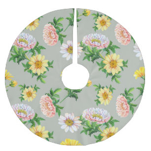 Saia Para Árvore De Natal De Poliéster Crysântemos de aquarelas, padrão floral sem costur