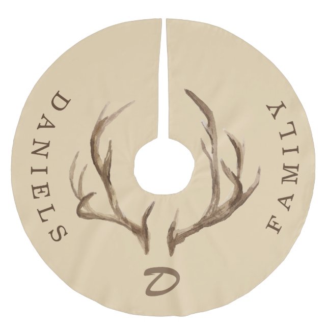 Saia Para Árvore De Natal De Poliéster Deer antlers rustic monogramas familia beige (Frente)