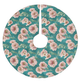 Saia Para Árvore De Natal De Poliéster Design de Padrão Floral Teal, Rosa Vintage