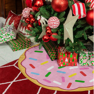 Saia Para Árvore De Natal De Poliéster Donut Rosa com Confeitos Coloridos