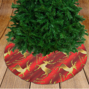Saia Para Árvore De Natal De Poliéster Dourada Reindeer Feliz Natal Vermelho