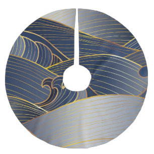 Saia Para Árvore De Natal De Poliéster Dourada Wave Lines, Abstrato Vintage.