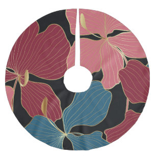 Saia Para Árvore De Natal De Poliéster Douradas orquídeas, elegante arte floral.