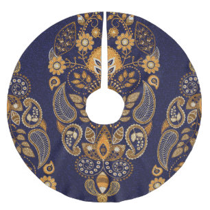 Saia Para Árvore De Natal De Poliéster Dourado e azul, padrão floral sem costura.