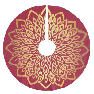 Saia Para Árvore De Natal De Poliéster Dourado Mandala Burgundy Natal Vermelho
